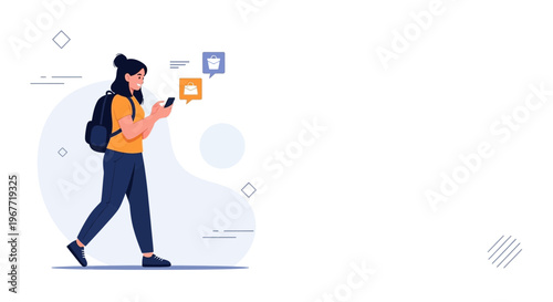 Woman with backpack using smartphone, shopping bag icons, online shopping concept
