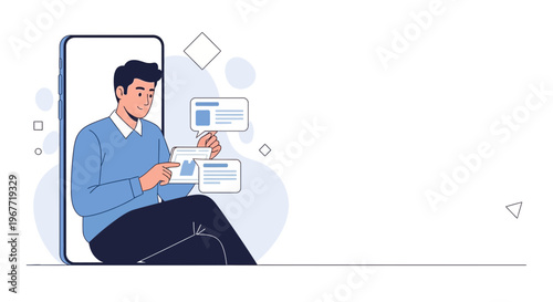 Man in blue sweater using smartphone for online learning or work, digital interface