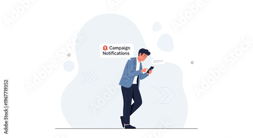 Man checking smartphone for campaign notifications, modern flat illustration