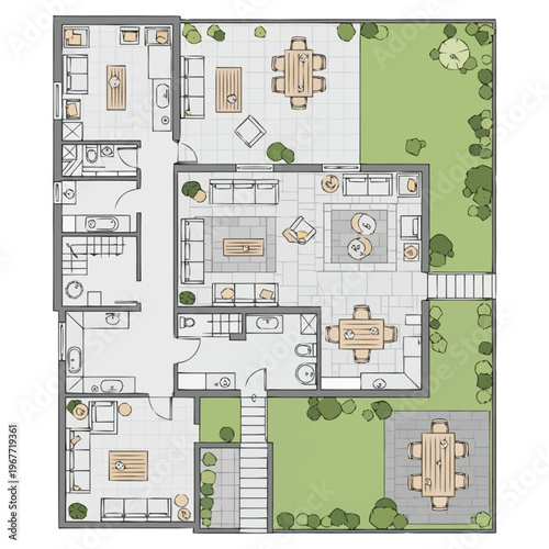 Modern Architectural Floor Plan Layout Of Spacious Contemporary Dwelling With Outdoor Living Areas And Detailed Interior Furnishings Showing Room