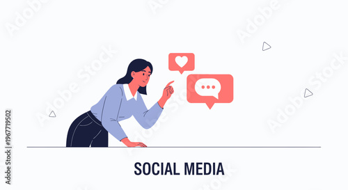 Woman Interacting with Social Media Icons: Like and Chat Bubbles