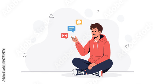 Young man in hoodie sitting cross-legged with communication icons floating around him