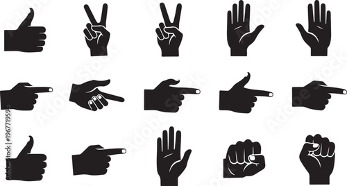 Hand gestures and signs in black silhouette on white background