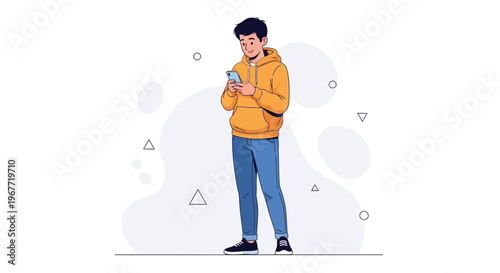 Young man in yellow hoodie using smartphone, modern flat illustration