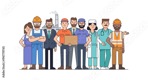 Diverse group of professionals from various industries standing together representing workforce unity and collaboration