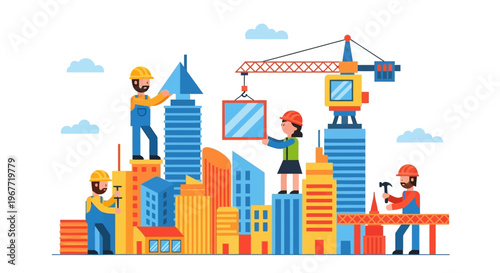 Building a modern city skyline with construction workers and cranes assembling skyscrapers