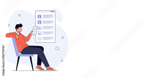 Man Sitting Chair Reviewing List of Profiles on Digital Screen