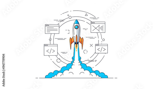 Minimal futuristic rocket launch vector with vibrant smoke clouds and abstract coding browser elements isolated on white