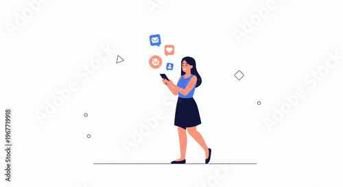 Woman using smartphone with social media icons floating around her
