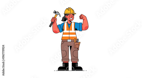 Strong female construction worker in safety vest flexing biceps holding hammer, representing strength and industry