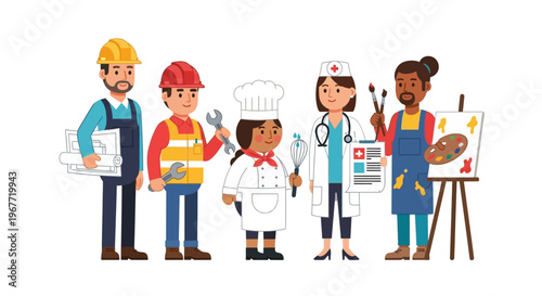 Diverse Professionals Group Showcasing Essential Skills and Varied Career Paths in a Multi-ethnic Workforce