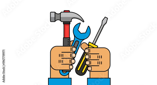 Hands holding tools hammer, wrench, and screwdriver, symbolizing construction and repair work