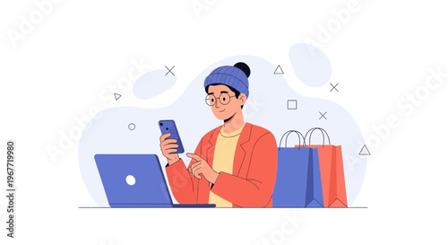 Person using smartphone with laptop and shopping bags, online shopping concept