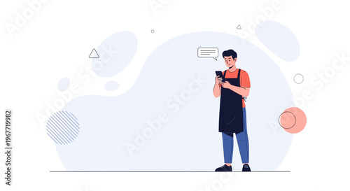 Man in apron texting on phone, abstract background, illustration