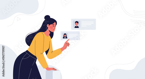 Woman selecting profile from digital interface, online recruitment, HR, job search concept
