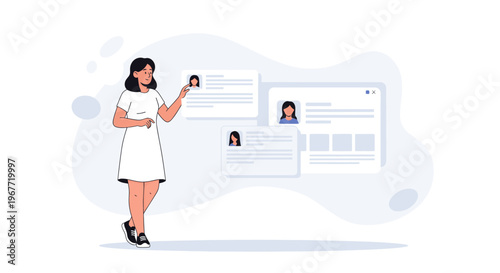 Woman reviewing resumes online, job search concept, digital recruitment, hr screening