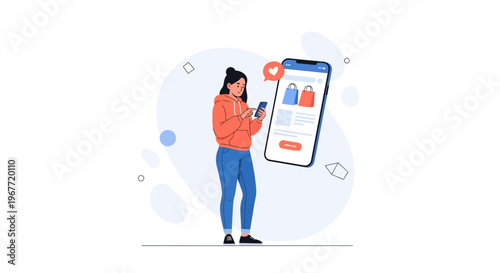 Woman shopping online on smartphone, e-commerce app, digital retail, delivery bags