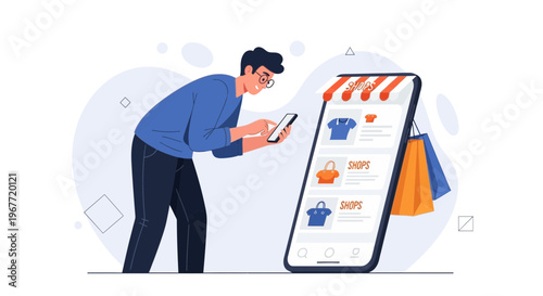 Man shopping online using smartphone, e-commerce concept, digital store, delivery bags