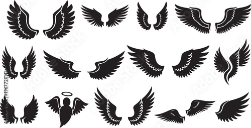 Collection of black angel wings on white background
