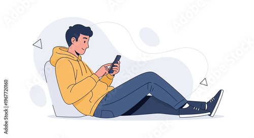 Young man relaxing on floor, using smartphone, modern illustration