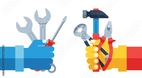 Dynamic illustration of hands grasping essential hand tools for construction, renovation, and repair projects, symbolizing expert workmanship and practical skills