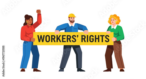 Diverse group of workers united in solidarity, holding a banner demanding essential labor rights and equitable workplace conditions for all employees