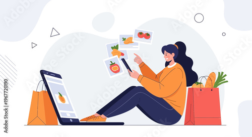 Woman shopping online for groceries on laptop and tablet, healthy food delivery concept
