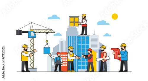 Construction workers building skyscrapers in a city, with a crane lifting materials in this urban development illustration