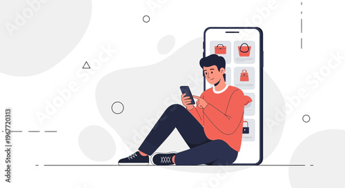 Man using smartphone, online shopping app on large phone screen, modern illustration