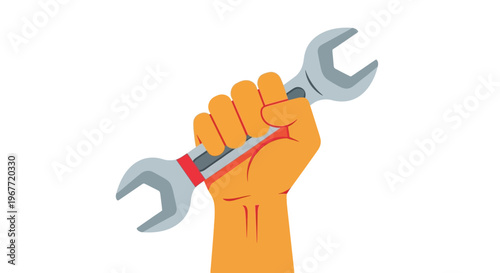 Hand holding a wrench, symbolizing construction, repair, and mechanical work in a clean, vector graphic style