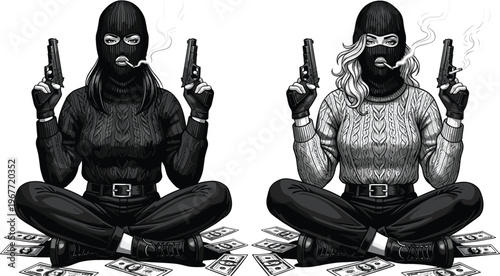 Masked outlaw characters with money stacks in noir style featuring dual figures, dramatic lighting, and edgy urban illustration for crime themed vector design