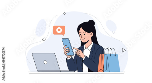 Woman using smartphone for online shopping, laptop and shopping bags nearby