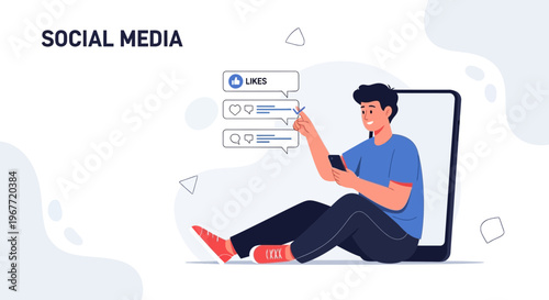 Young man using smartphone, social media likes and notifications, digital communication