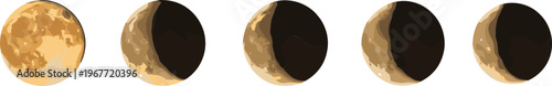 Moon phases sequence illustration showing full moon to crescent stages with realistic texture in minimalist space themed vector design set
