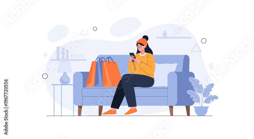 Woman with shopping bags using smartphone on sofa, online shopping concept