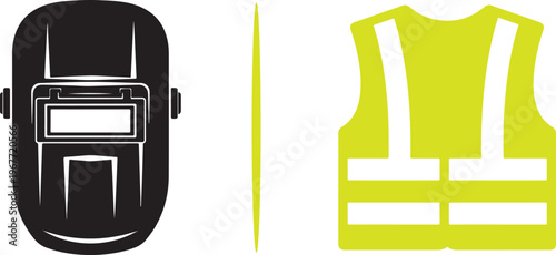 Industrial safety vector icons featuring a black welding mask and a high-visibility yellow reflective vest. Essential graphics for construction, welding, and workplace protection themes.