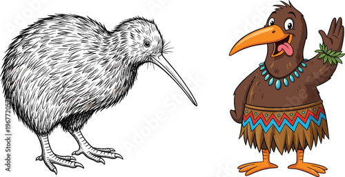 Kiwi bird illustration set featuring realistic detailed line art and cute cartoon character in traditional costume, combining wildlife and playful vector design styles