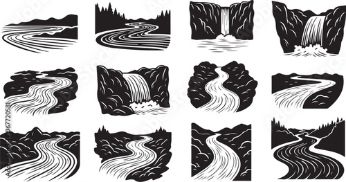 Black and white illustrations of waterfalls and winding rivers