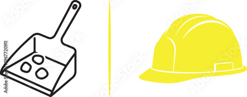 Minimalist vector icons featuring a black outline of a dustpan collecting debris and a vibrant yellow safety hard hat. Perfect for themes of construction site cleanup and industrial safety.