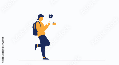 Young person with backpack using smartphone, shopping icons, online shopping concept
