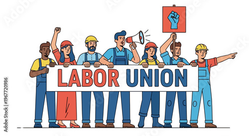 Illustration of a diverse group of workers holding a Labor Union banner and a megaphone, advocating for workers' rights and collective bargaining power