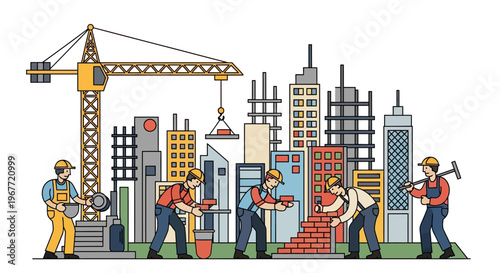 Construction workers building a city skyline with cranes and skyscrapers, a symbol of urban development and industry