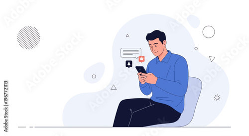 Man Using Smartphone, Receiving Notifications, Chatting Online, Modern Lifestyle