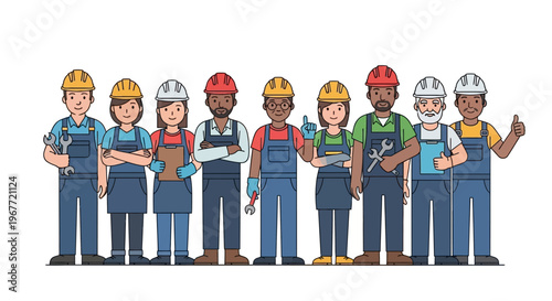 Diverse Group of Skilled Workers in Uniforms with Tools, Ready for Industrial Projects