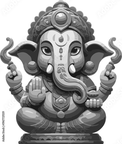 Premium Vector Mascot of Ganesha, the Elephant-Headed God, Sitting Comfortably and Holding Traditional Offerings in a Welcoming Gesture
