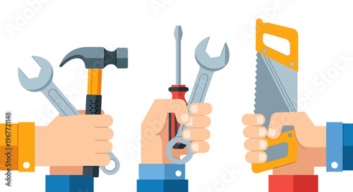 Tools for repair and construction held in hands, illustration of DIY and home improvement