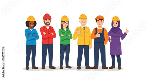 Diverse group of construction workers in hard hats, standing together and smiling, representing teamwork and unity in the industry
