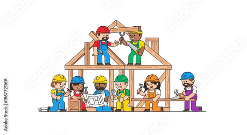 Diverse Team of Construction Workers Collaborating to Build a Wooden House Frame, Emphasizing Unity, Teamwork, and Project Development