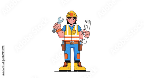 A determined female construction worker stands ready with her tools, embodying strength and dedication in her profession
