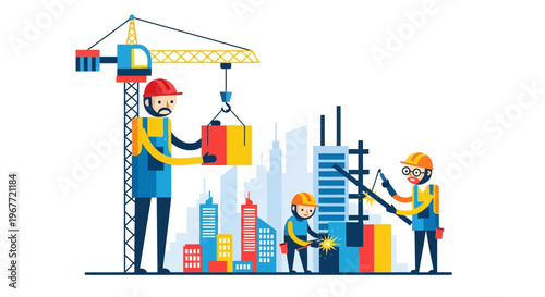 Construction workers building a city skyline with a crane and skyscrapers, illustrating urban development and progress